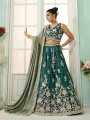 Green Silk Fabric Sequins embroidery Semi-Stitched Lehenga & Unstitched Blouse With Dupatta