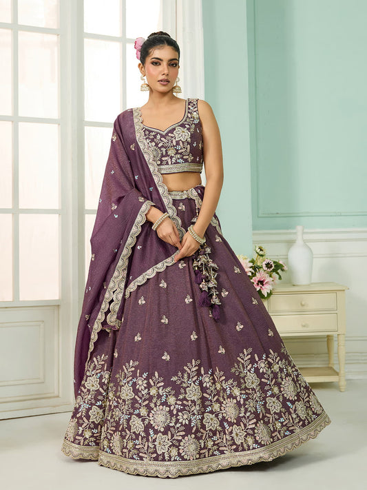 Purple Tissue Fabric Sequins embroidery Semi-Stitched Lehenga & Unstitched Blouse With Dupatta