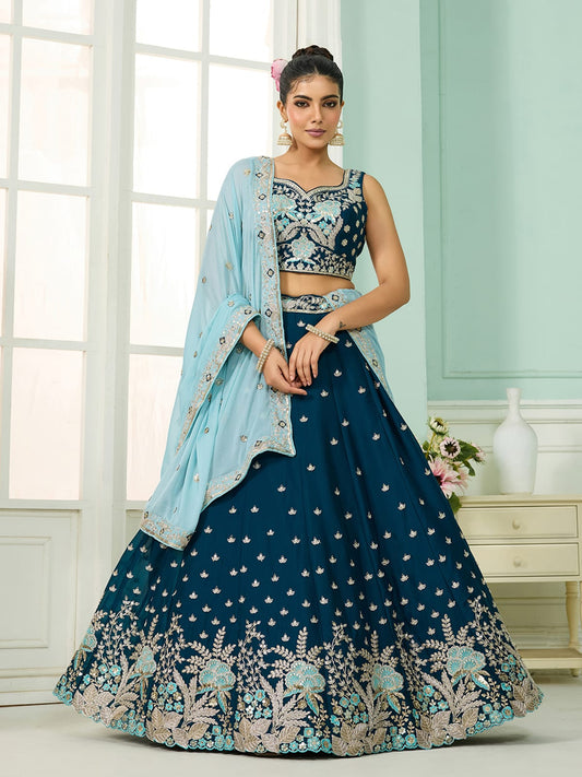 Teal Georgette Fabric Sequins embroidery Semi-Stitched Lehenga & Unstitched Blouse With Dupatta