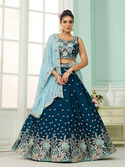 Teal Georgette Fabric Sequins embroidery Semi-Stitched Lehenga & Unstitched Blouse With Dupatta