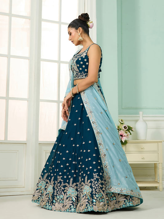 Teal Georgette Fabric Sequins embroidery Semi-Stitched Lehenga & Unstitched Blouse With Dupatta
