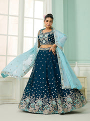 Teal Georgette Fabric Sequins embroidery Semi-Stitched Lehenga & Unstitched Blouse With Dupatta