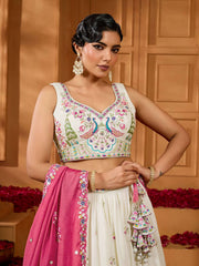Cream Silk Fabric Sequins embroidery Semi-Stitched Lehenga & Unstitched Blouse With Dupatta