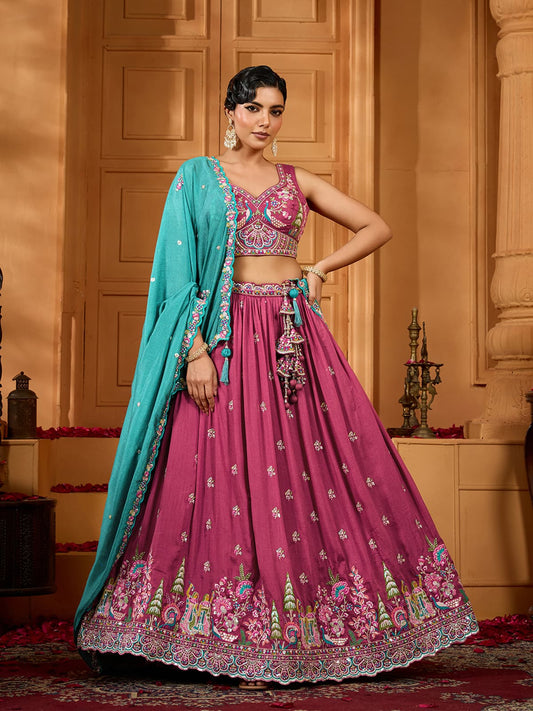 Rosegold Silk Fabric Sequins embroidery Semi-Stitched Lehenga & Unstitched Blouse With Dupatta
