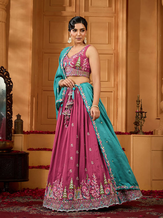 Rosegold Silk Fabric Sequins embroidery Semi-Stitched Lehenga & Unstitched Blouse With Dupatta