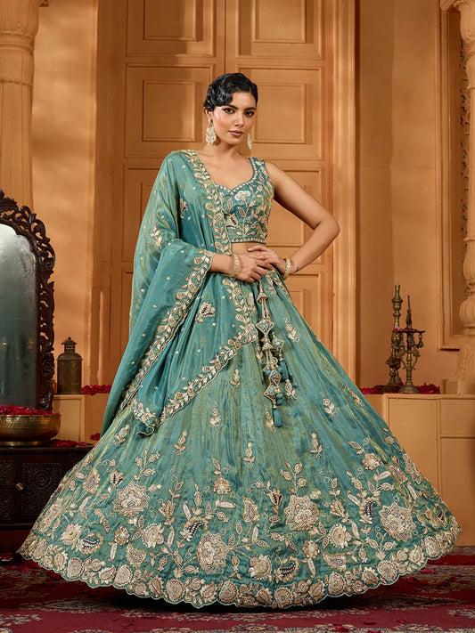 Green Tissue Fabric Sequins embroidery Semi-Stitched Lehenga & Unstitched Blouse With Dupatta