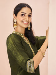 Captivating Olive Green Embroidered Organza Event Wear Pant Suit