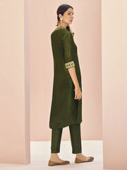 Captivating Olive Green Embroidered Organza Event Wear Pant Suit