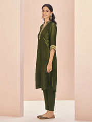 Captivating Olive Green Embroidered Organza Event Wear Pant Suit