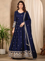 Blue Art Silk Anarkali Suit with Embroidered and Sequins Work for Ceremonial