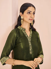 Captivating Olive Green Embroidered Organza Event Wear Pant Suit
