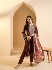 Women Paisley Yoke Design Regular Velvet Kurta with Trousers & With Dupatta