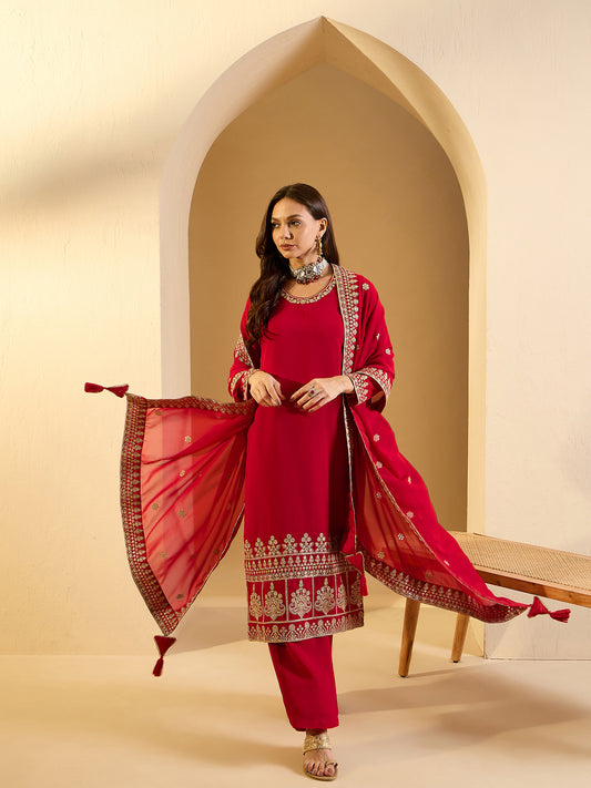 Women Ethnic Motifs Embroidered Regular Kurta with Palazzos & With Dupatta