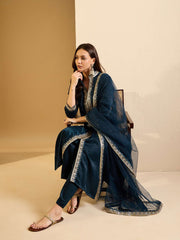 Floral Embroidered Mandarin Collar Velvet Kurta With Trouser And Dupatta