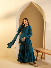 Floral Embroidered Notch Neck Sequinned Georgette Kurti With Sharara & Dupatta