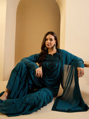 Floral Embroidered Notch Neck Sequinned Georgette Kurti With Sharara & Dupatta