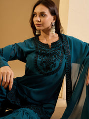 Floral Embroidered Notch Neck Sequinned Georgette Kurti With Sharara & Dupatta