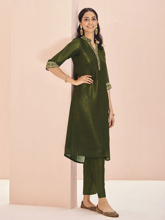 Captivating Olive Green Embroidered Organza Event Wear Pant Suit