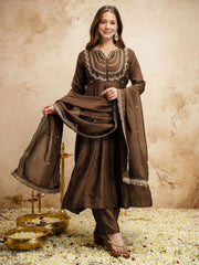 Brown Designer Chanderi Cottan Partywear Kurta Set