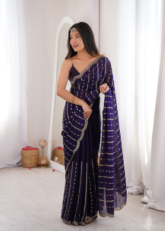 Violet Fendi Satin Sequence Embroidery Saree