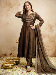 Brown Designer Chanderi Cottan Partywear Kurta Set