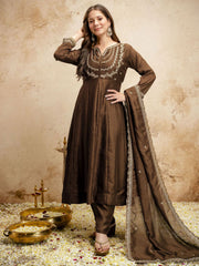 Brown Designer Chanderi Cottan Partywear Kurta Set