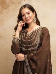 Brown Designer Chanderi Cottan Partywear Kurta Set