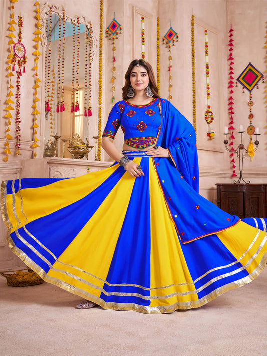 Royal Blue Cotton Lace Work Festival Wear Lehenga Choli With Dupatta