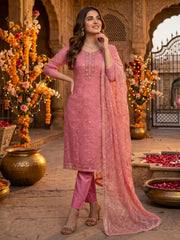 Pink Organza Hand Work Kurta Set