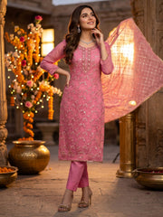 Pink Organza Hand Work Kurta Set