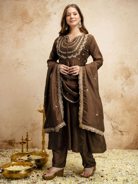 Brown Designer Chanderi Cottan Partywear Kurta Set