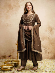 Brown Designer Chanderi Cottan Partywear Kurta Set