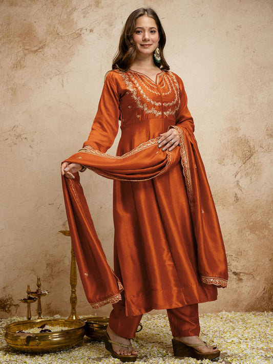 Rust Designer Chanderi Cottan Partywear Kurta Set