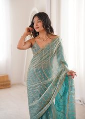 Sky Blue Fendi Satin Sequence Embroidery Saree