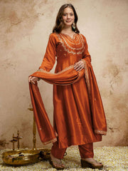 Rust Designer Chanderi Cottan Partywear Kurta Set