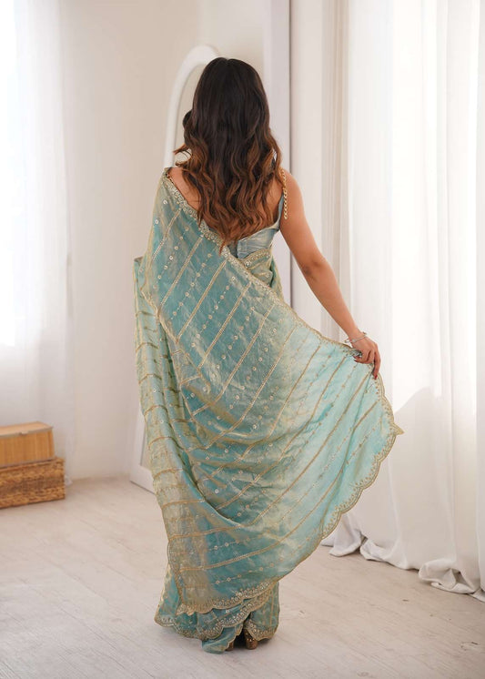 Sky Blue Fendi Satin Sequence Embroidery Saree