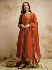 Rust Designer Chanderi Cottan Partywear Kurta Set