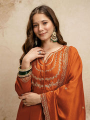 Rust Designer Chanderi Cottan Partywear Kurta Set