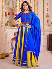 Royal Blue Cotton Lace Work Festival Wear Lehenga Choli With Dupatta