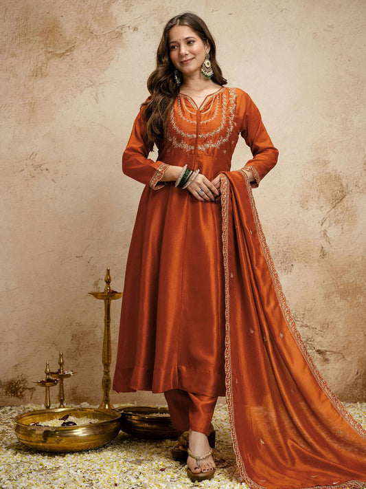 Rust Designer Chanderi Cottan Partywear Kurta Set