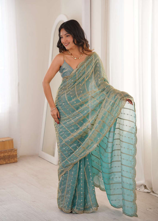 Sky Blue Fendi Satin Sequence Embroidery Saree