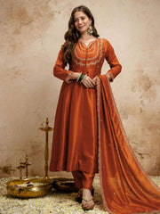 Rust Designer Chanderi Cottan Partywear Kurta Set