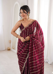 Cherry Maroon Fendi Satin Sequence Embroidery Saree