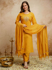 Mustard Embroiderd Chanderi Cottan Partywear Kurta Set