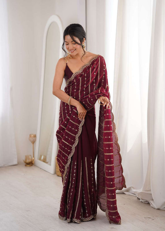 Cherry Maroon Fendi Satin Sequence Embroidery Saree
