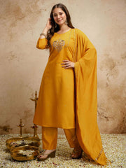 Mustard Embroiderd Chanderi Cottan Partywear Kurta Set