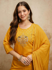 Mustard Embroiderd Chanderi Cottan Partywear Kurta Set