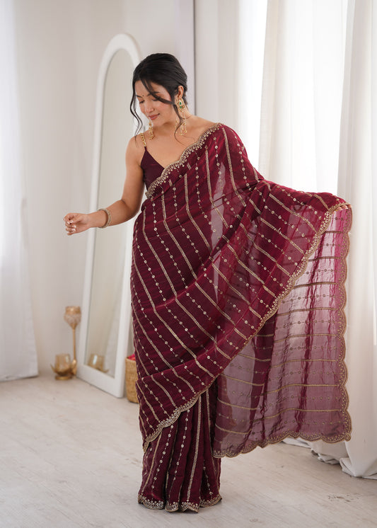 Cherry Maroon Fendi Satin Sequence Embroidery Saree