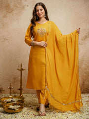 Mustard Embroiderd Chanderi Cottan Partywear Kurta Set