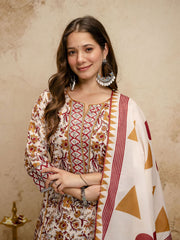 Off White Digital Print Chanderi Cottan Partywear Kurta Set